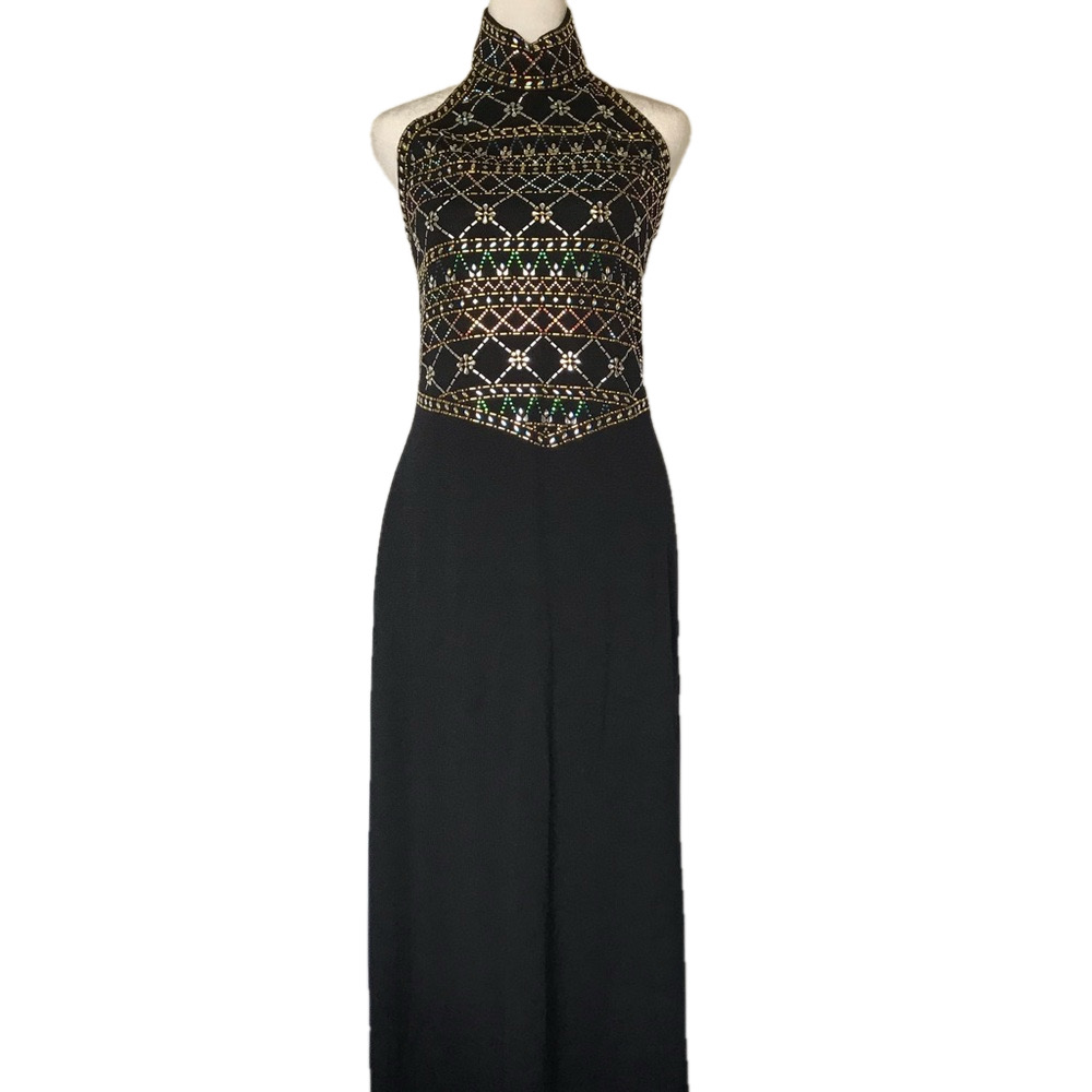 St. John Couture Marie Gray Embellished Santana Knit Turtleneck Gown Sz 4
